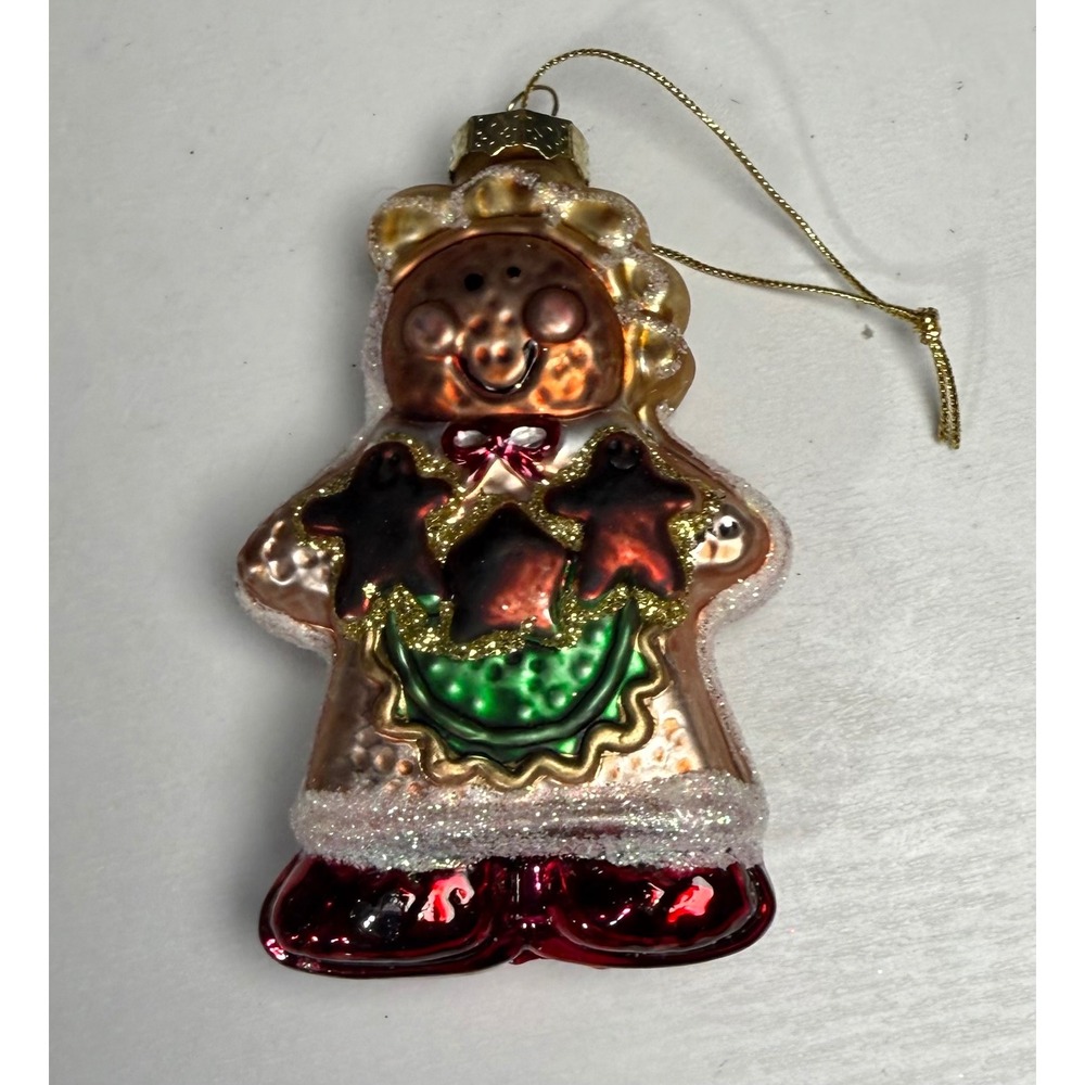 Christmas House Blown Glass Gingerbread Woman Ornament Red Glitter Shoes Festive